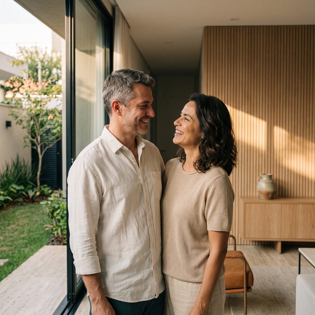 Casal sorrindo um para o outro na sala integrada ao jardim, com painel ripado de madeira ao fundo